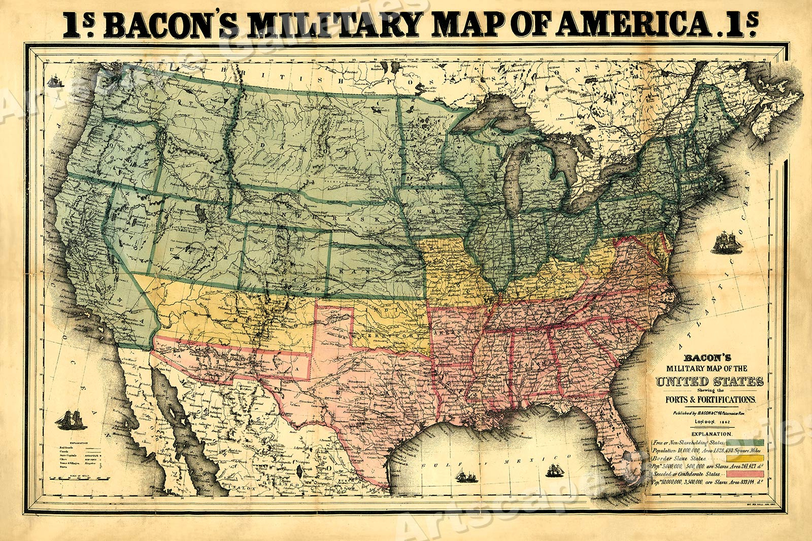 1862 Bacons Military Map Of America Civil War Wall Map Poster 24x36 