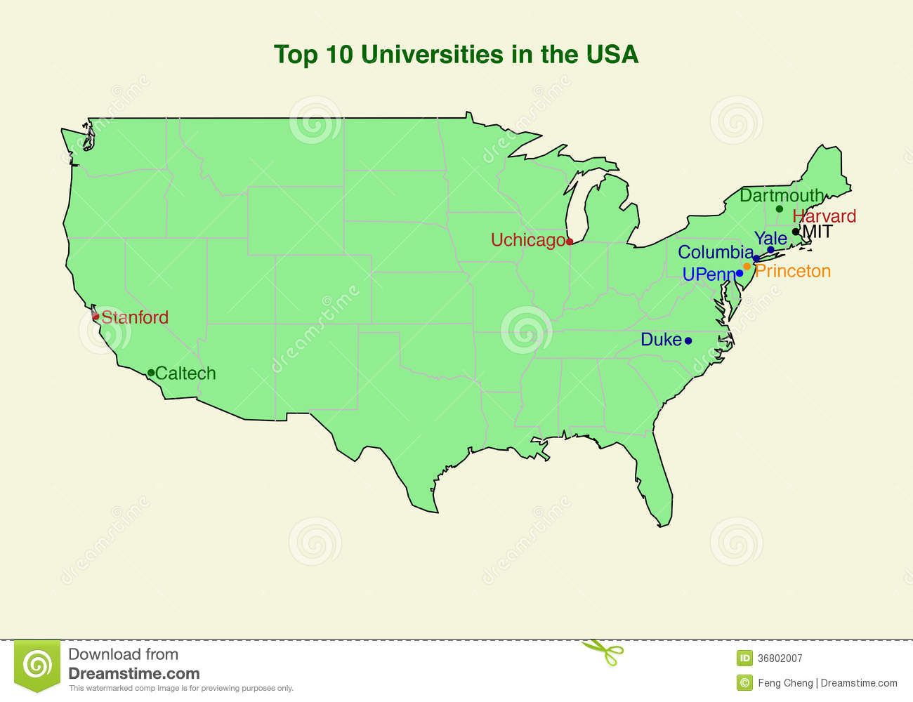 2d Map Of Top Ten 10 University In The USA Royalty Free Stock 
