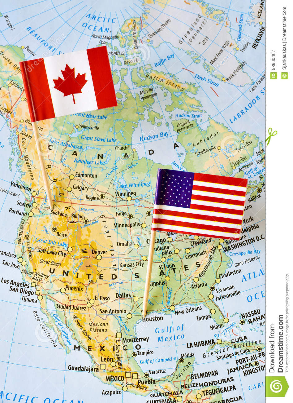 Canada And USA Flag Pin On Map Stock Photo Image 58660407