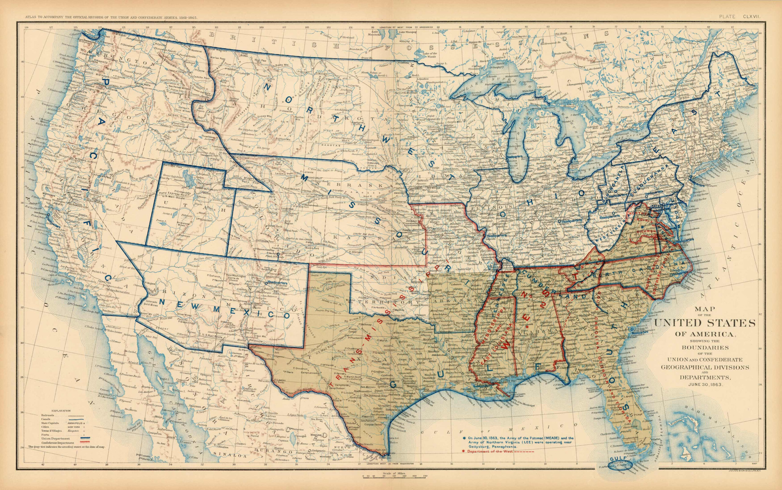 Civil War Atlas Plate 167 Map Of The United States Of America Showing 