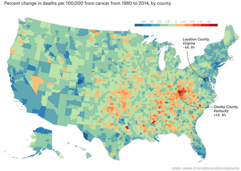 County Map USA Of Cancer Deaths as A Percentage Change From 1984 