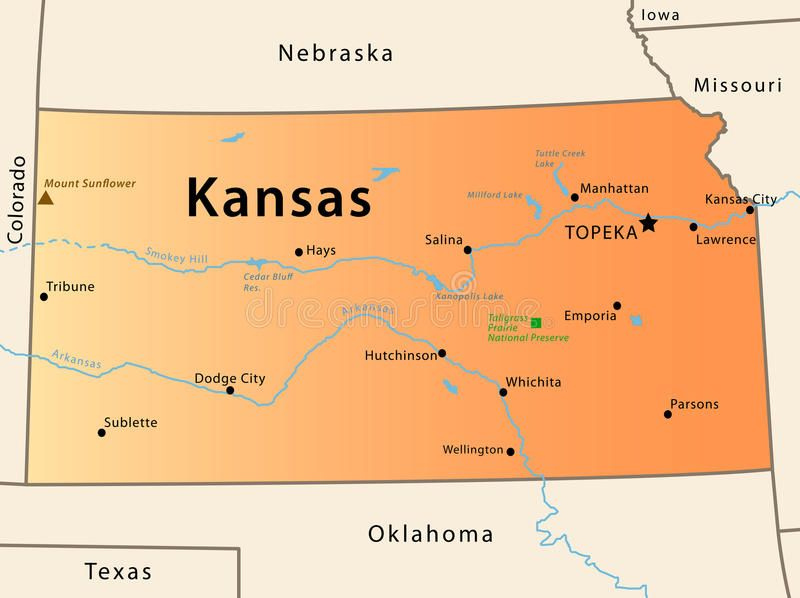 Kansas Map Illustration Of The Map Of Kansas USA The Brown Triangle 