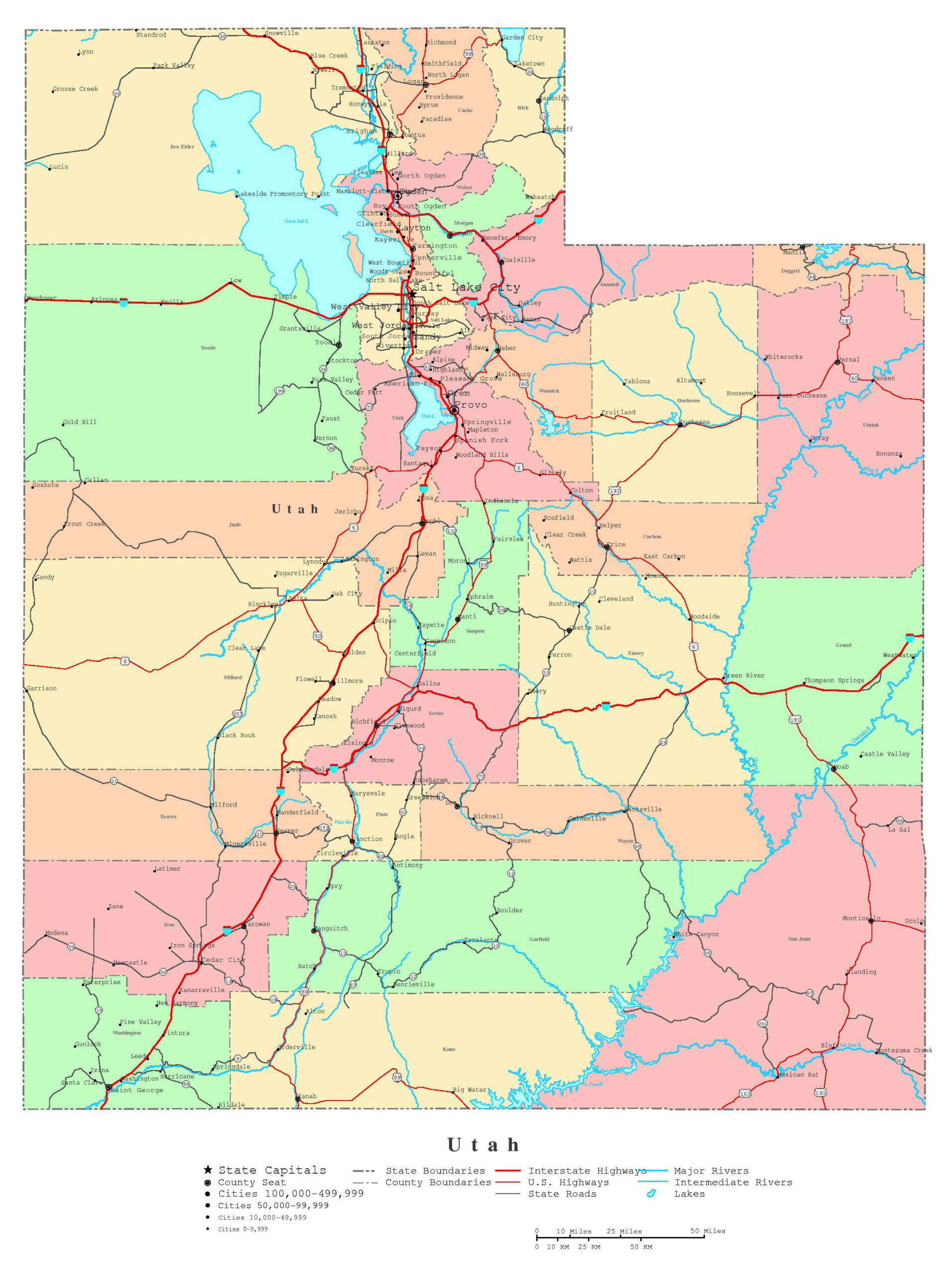 Laminated Map Large Detailed Administrative Map Of Utah State With 