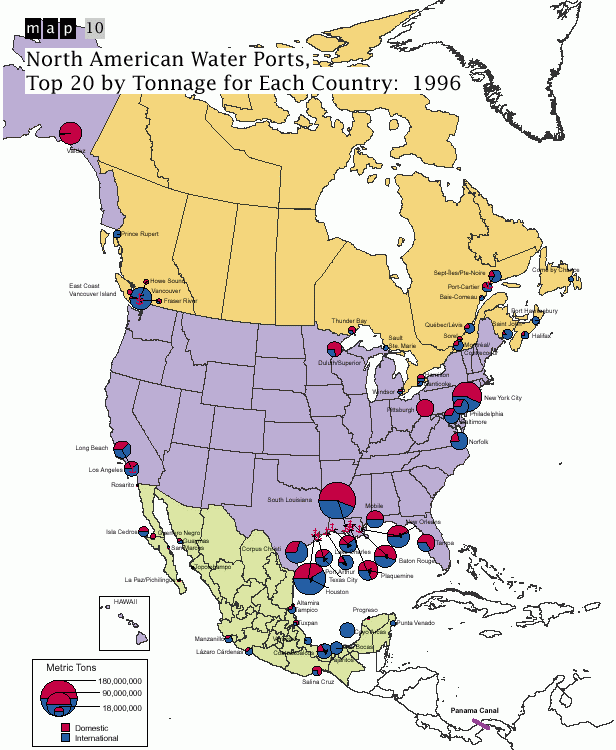 Map 10 North American Water Ports Top 20 By Tonnage For Each Country 