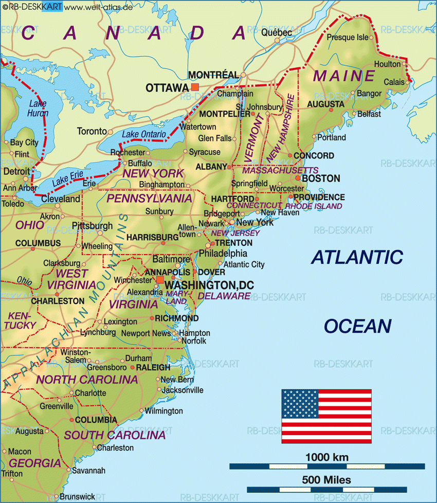 Map Of East Coast USA Region In United States Welt Atlas de