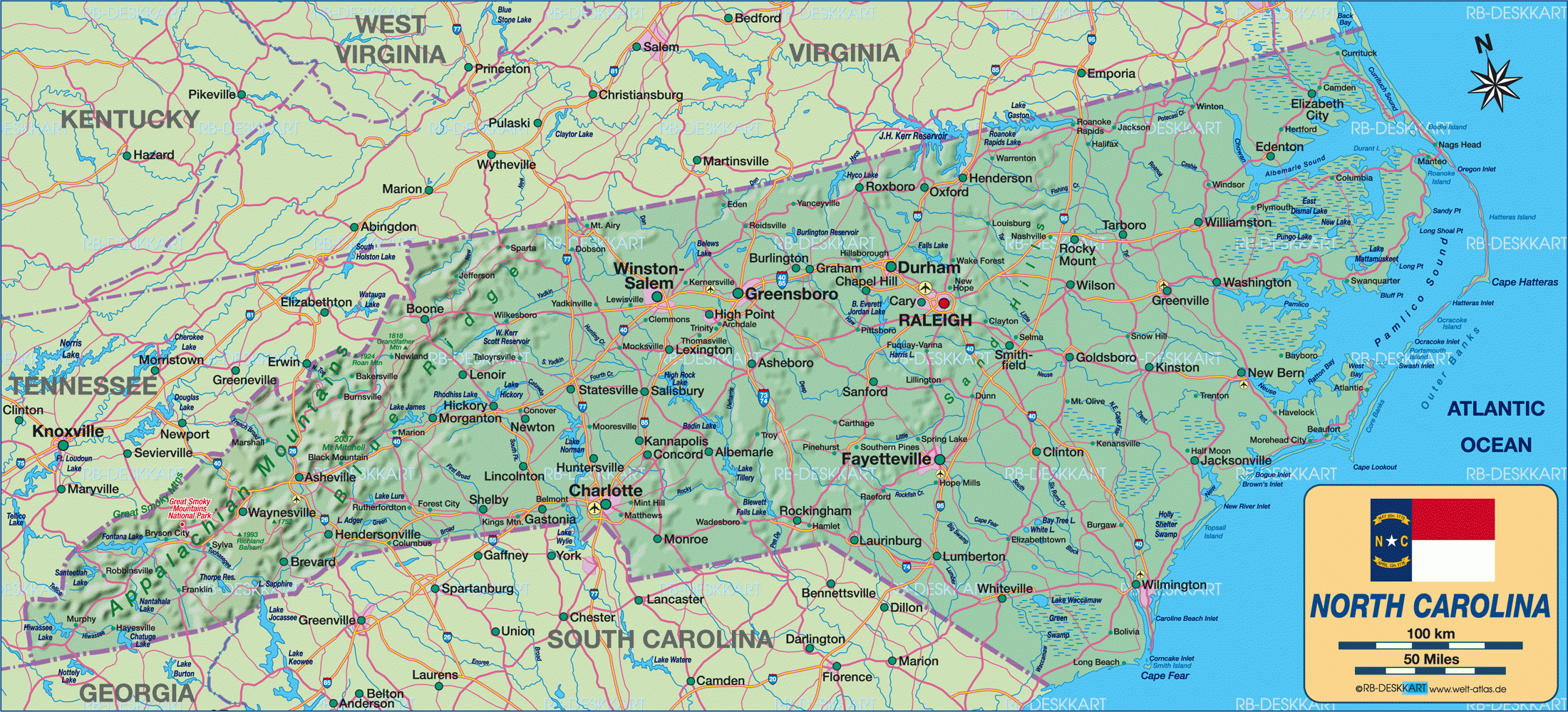 Map Of North Carolina Region In United States USA Welt Atlas de