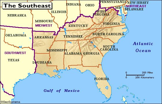 Map Of South East United States South United States Of America 