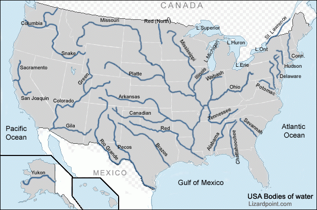 USA Map With Bodies Of Water