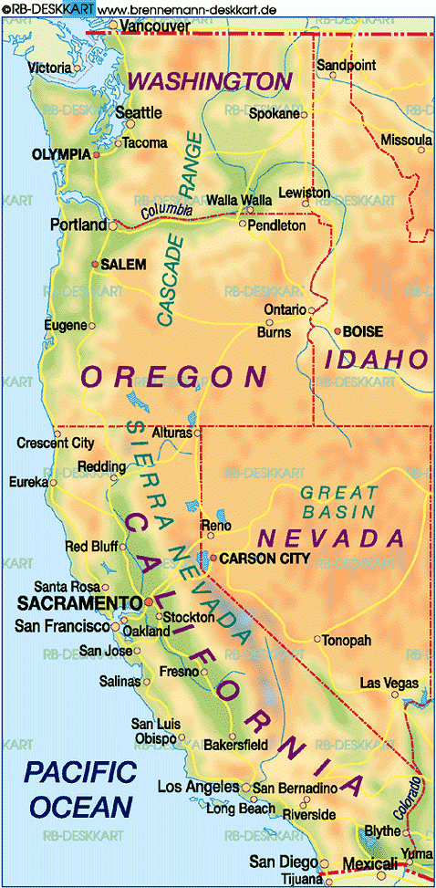 Map Of West Coast USA Region In United States USA Welt Atlas de