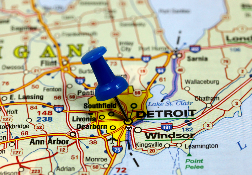 Map with pin point of Detroit in usa New York Traffic Ticket Lawyers 