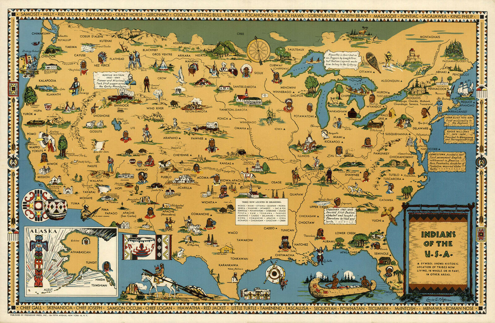 Mid Century Pictorial Map Indians Of The USA Native American Tribes 