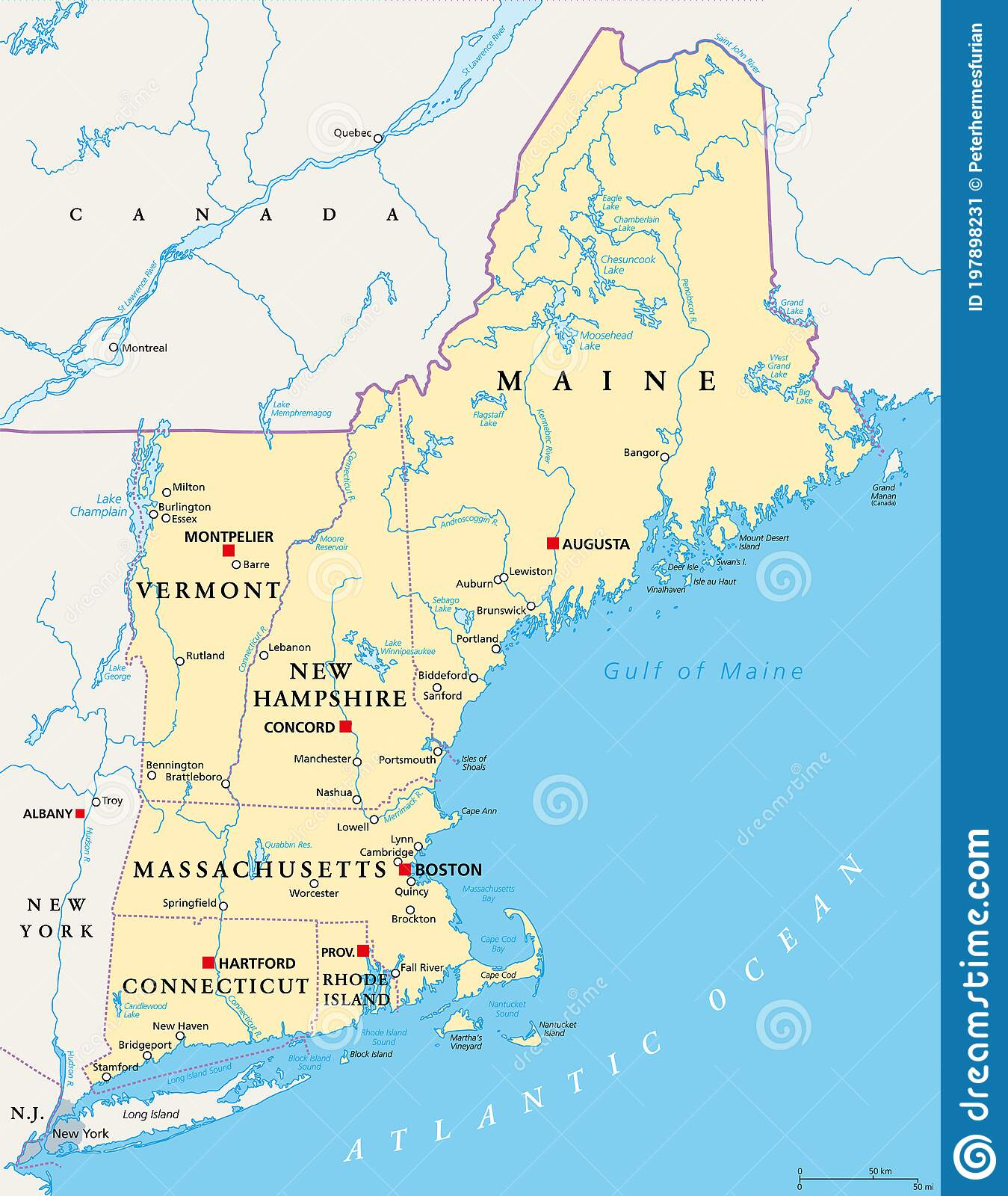 New England Region Of The United States Of America Political Map Stock 