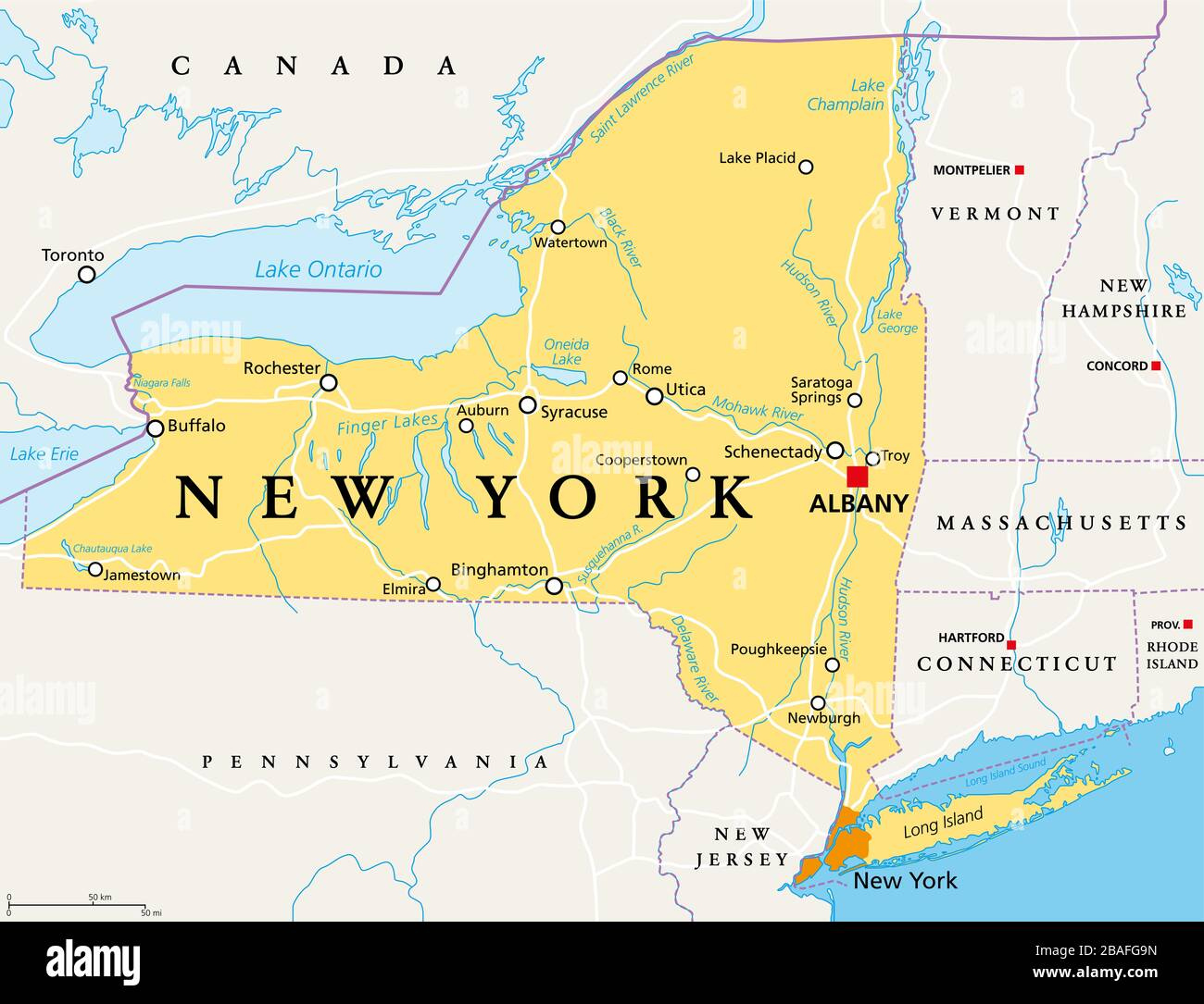 New York State NYS Political Map With Capital Albany Borders 