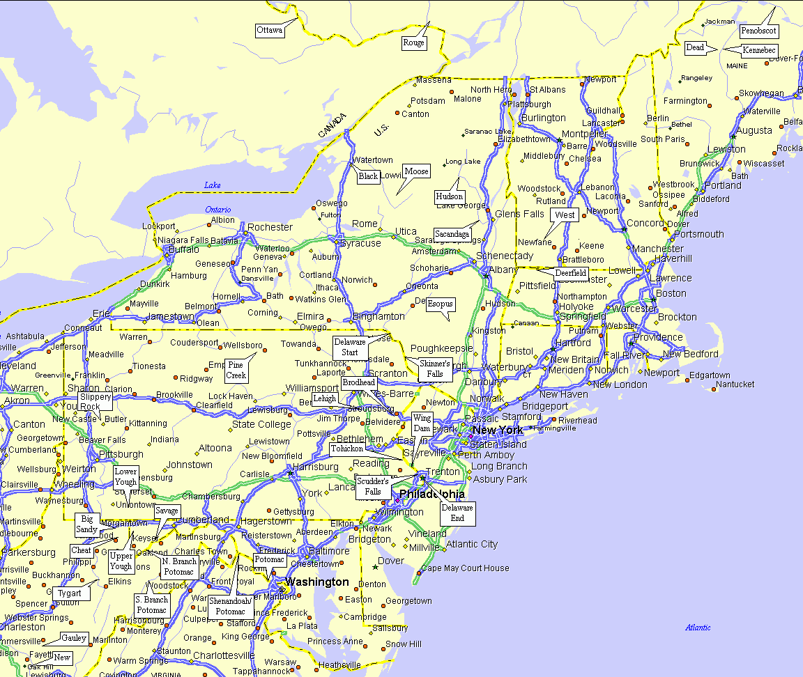 Overview Map Of Northeastern USA Whitewater