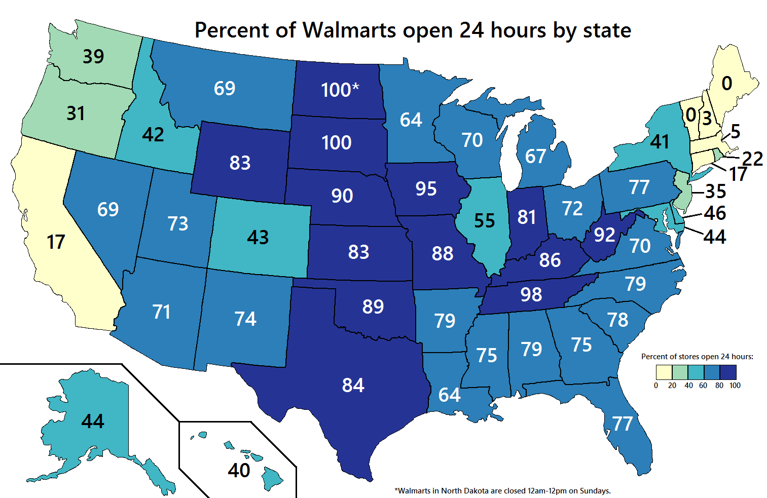 Percent Of Walmart Stores Open 24 Hours By US State Vivid Maps 