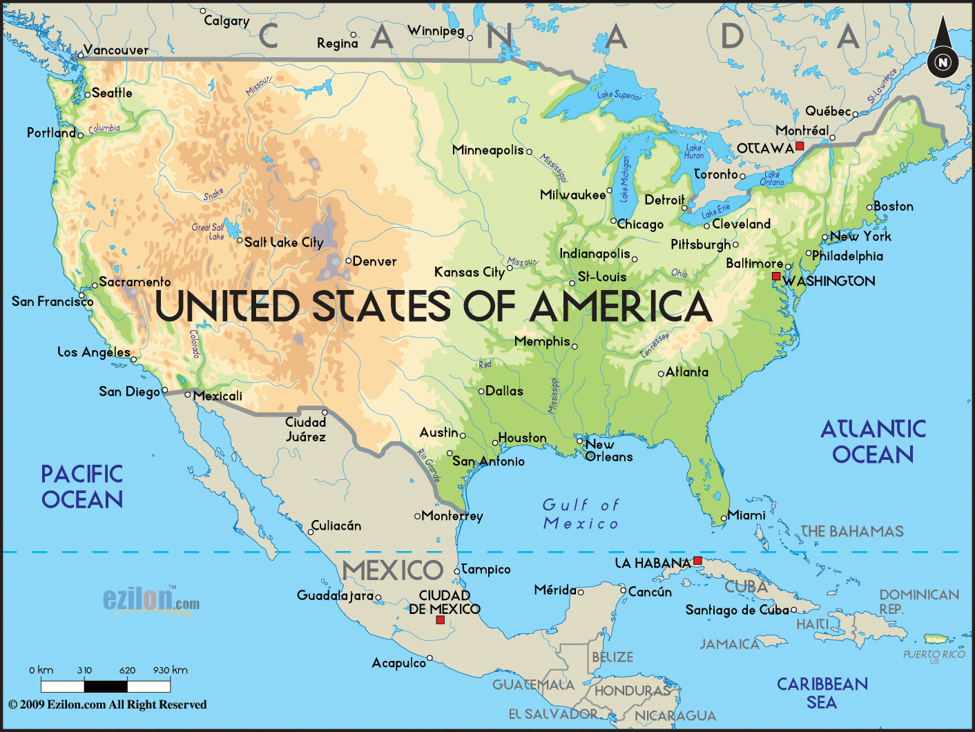 Physical Map Of United States Of America Ezilon Maps