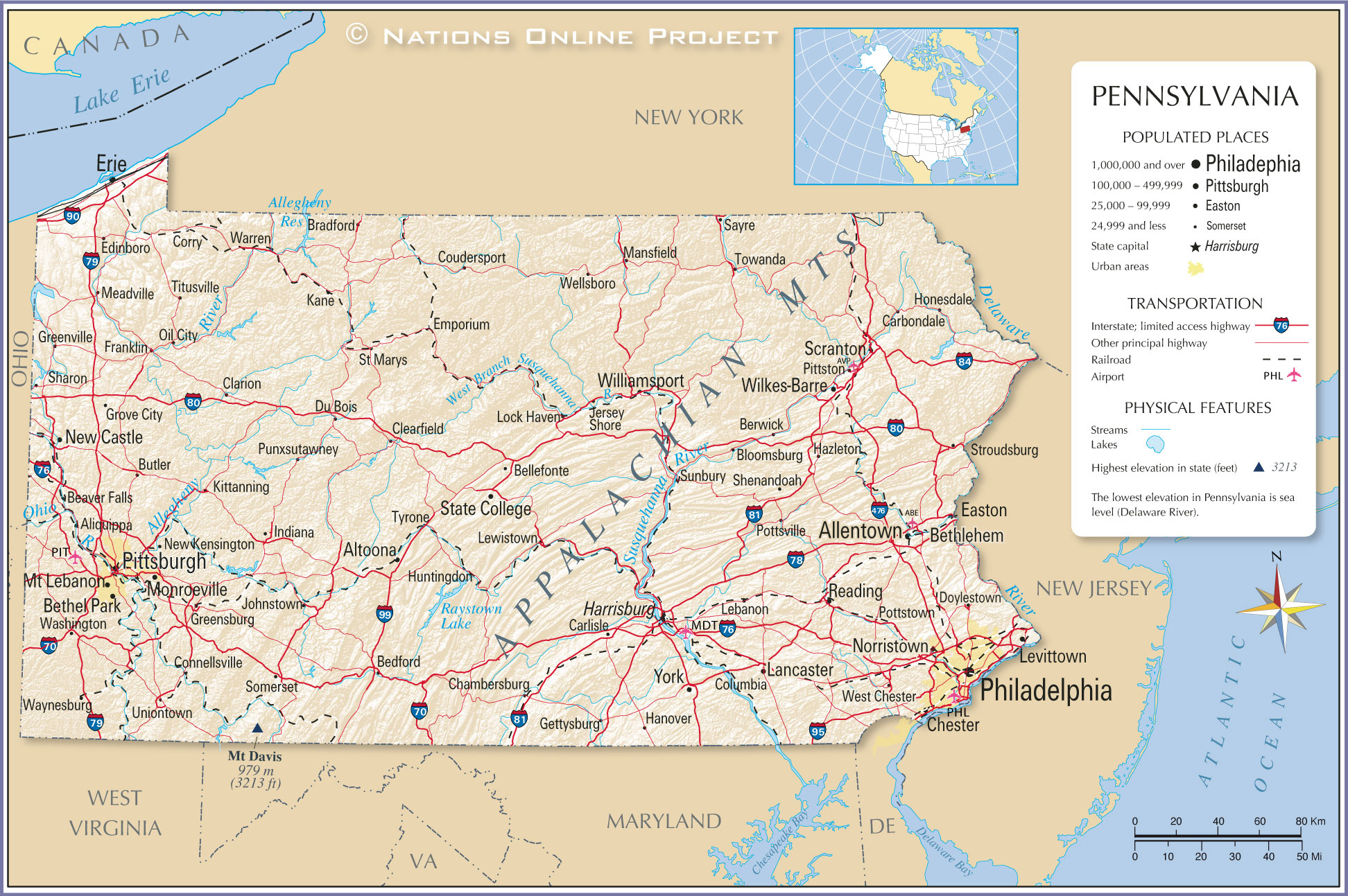 Reference Maps Of Pennsylvania Usa Nations Online Project 1 