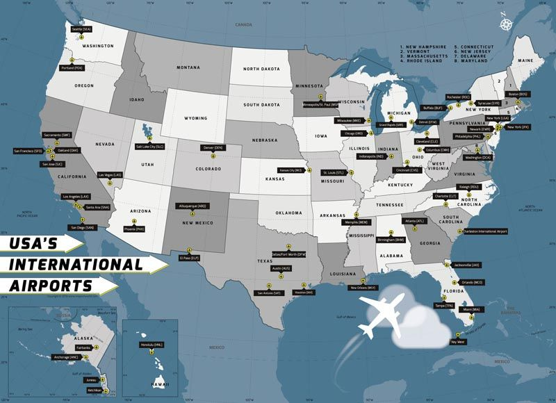 This Decor Map Contains The Names Of All International Airports In USA 