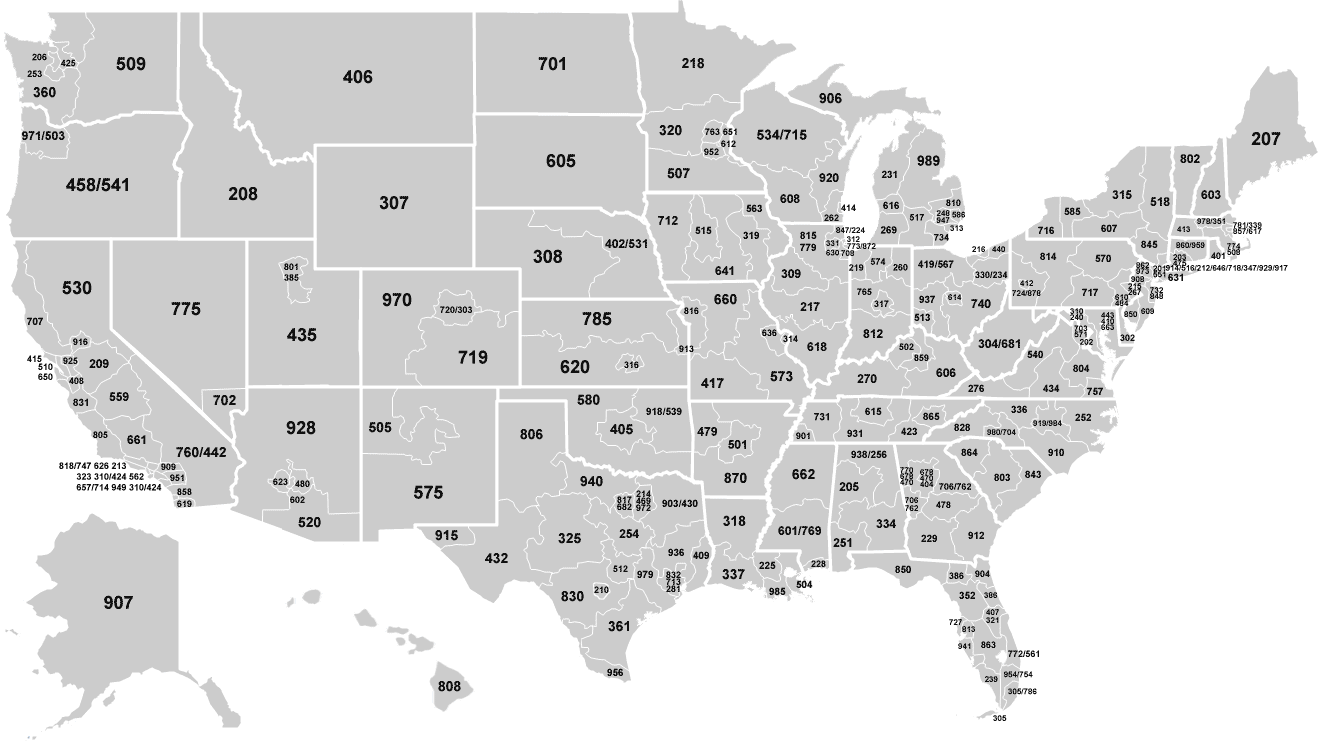 U S Area Code Map USA