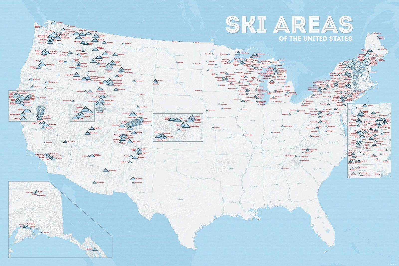 US Ski Resorts Map 24x36 Poster Ski Area Ski Resort Skiing