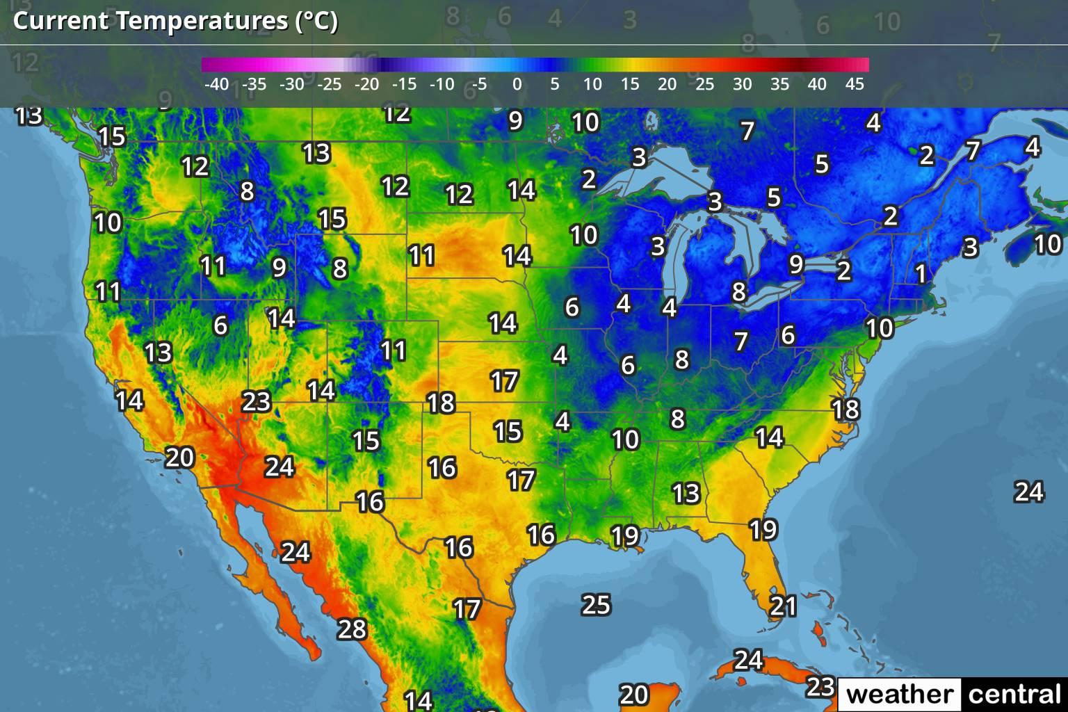 US Weather Current Temperatures Celsius WeatherCentral