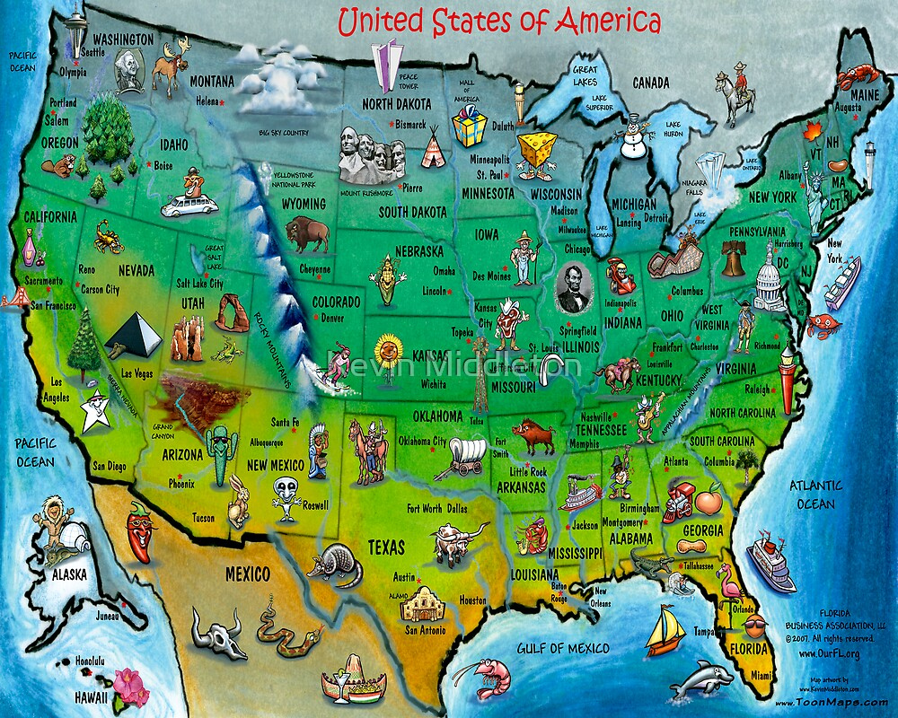  USA Cartoon Map By Kevin Middleton Redbubble