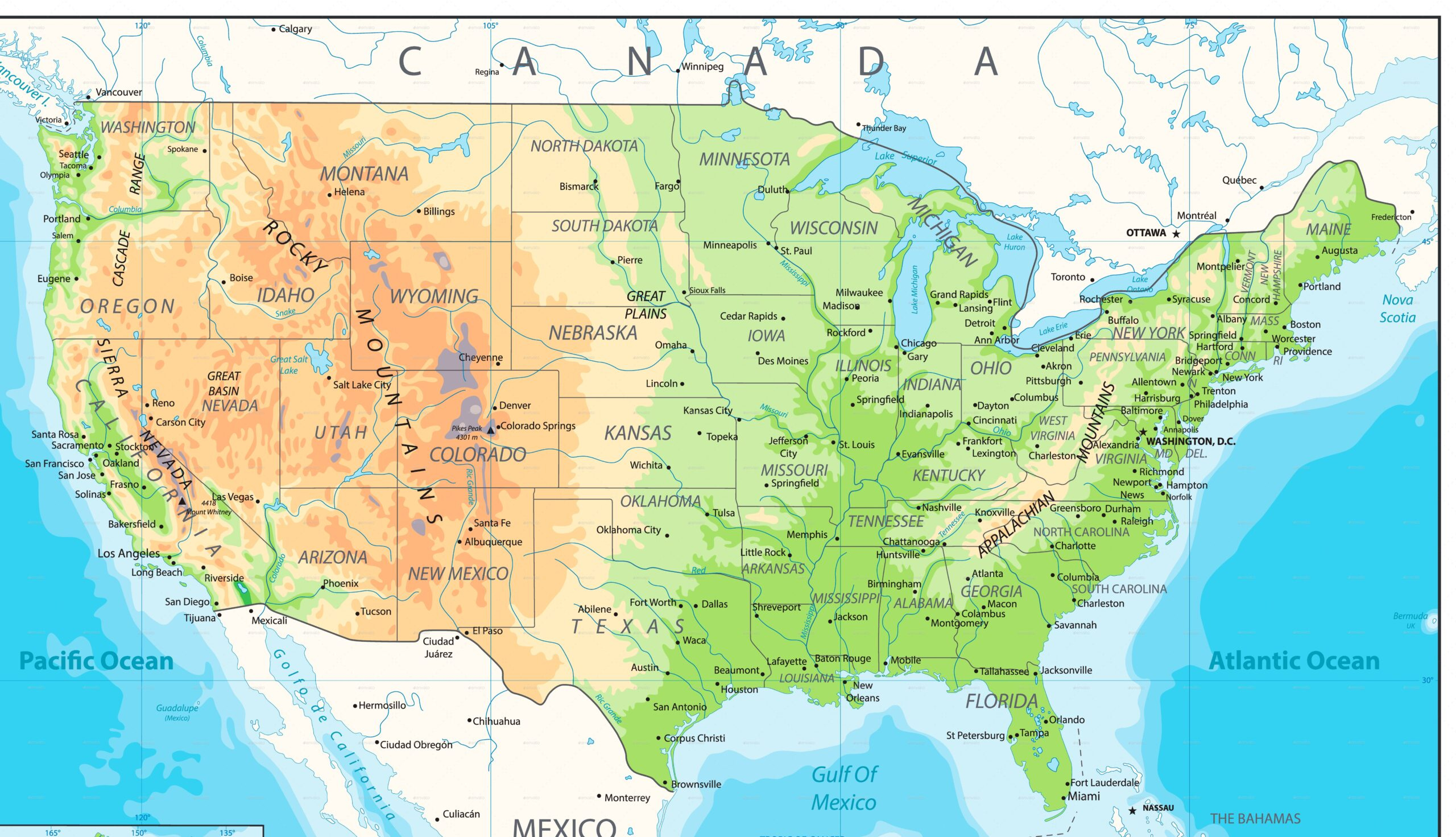USA Detailed Physical Map N O W 