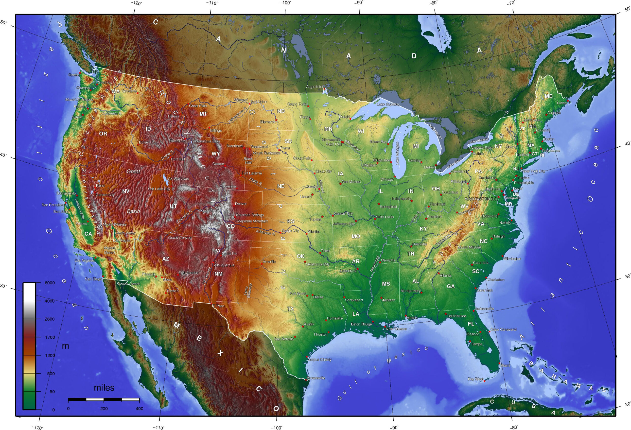 USA High Contrast Elevation Map Elevation Map Relief Map Physical 