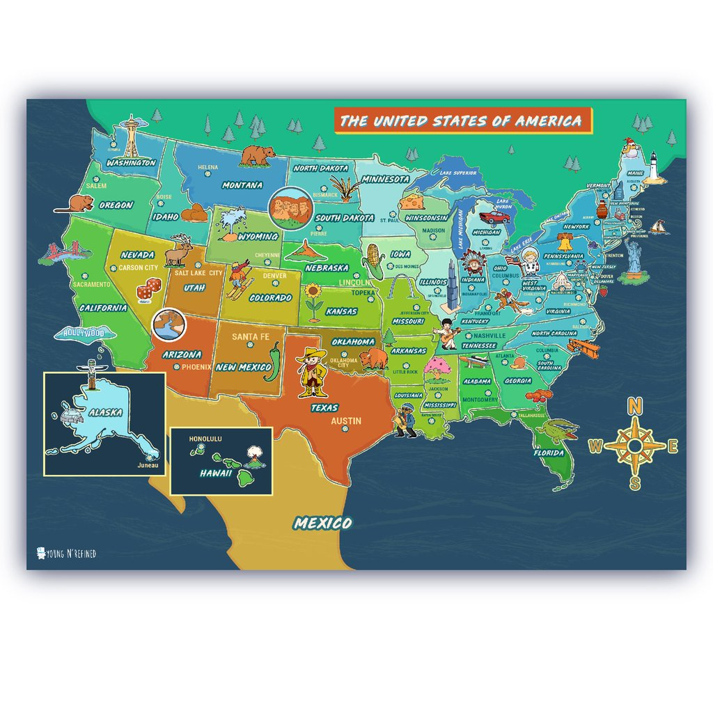 USA Map For Kids 18 x30 LAMINATED 50 States And Capitals Large 