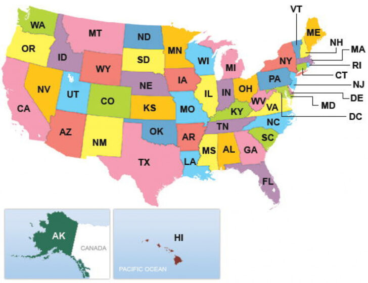 Usa Map With States Capitals And Abbreviations Printable Map