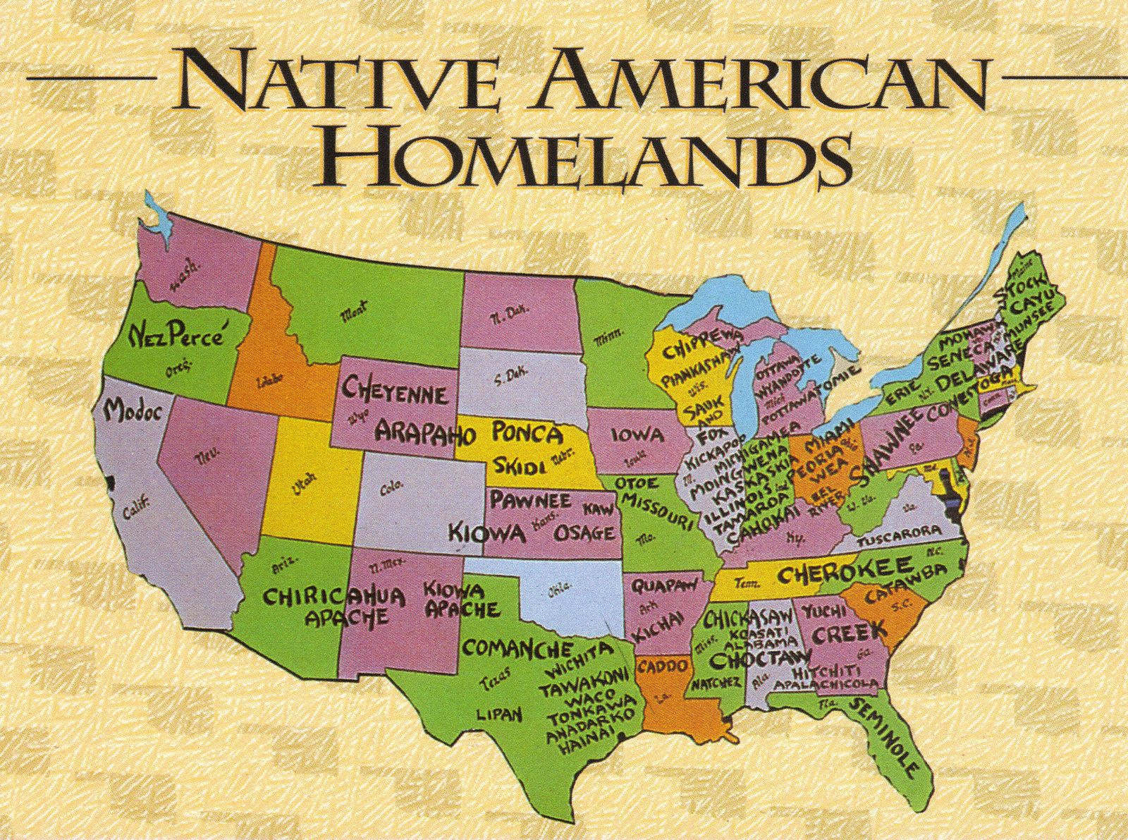 USA Native American Homelands Map Postcard Native American Tribes Map 