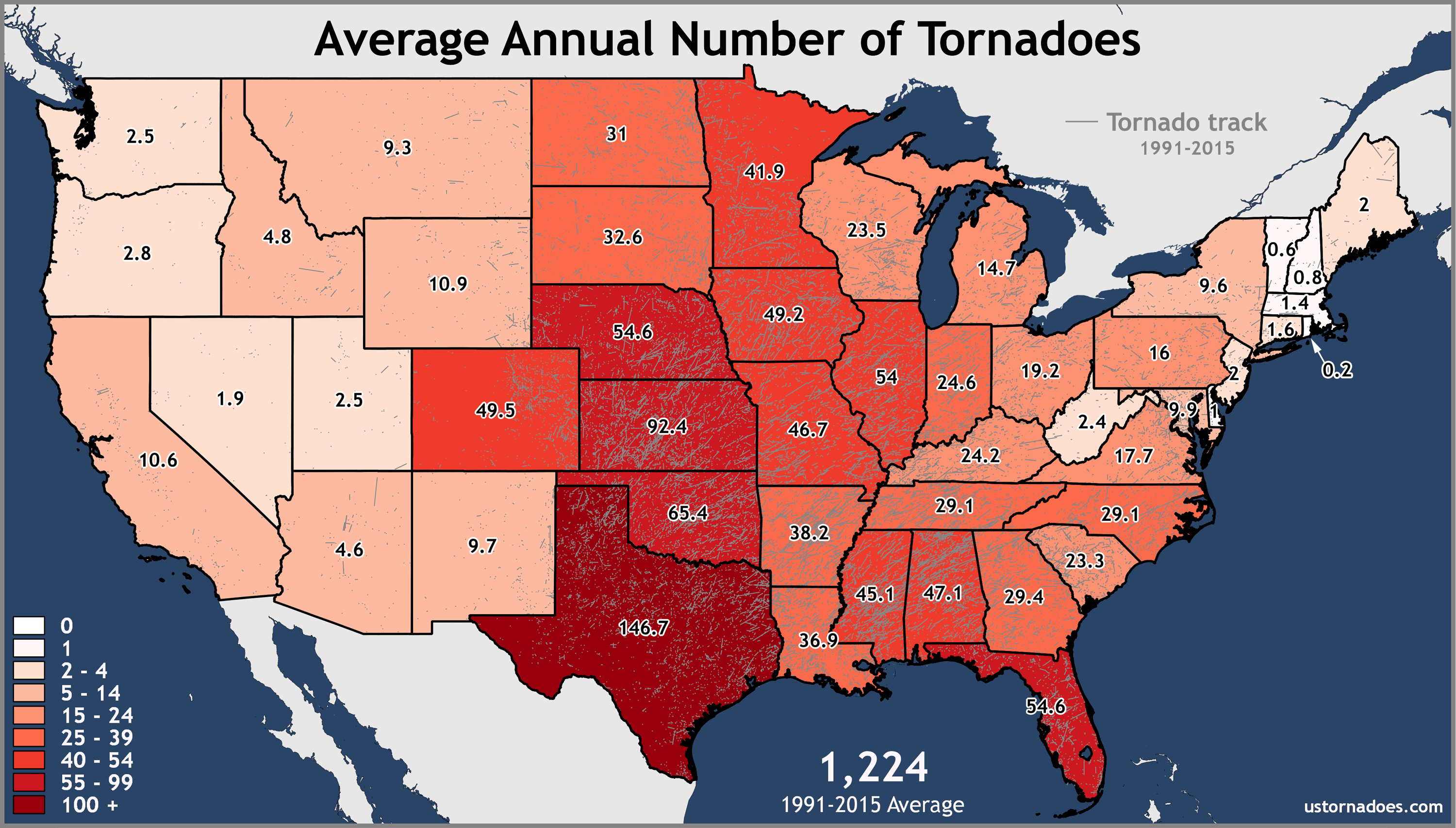 Annual And Monthly Tornado Averages For Each State maps U S Tornadoes