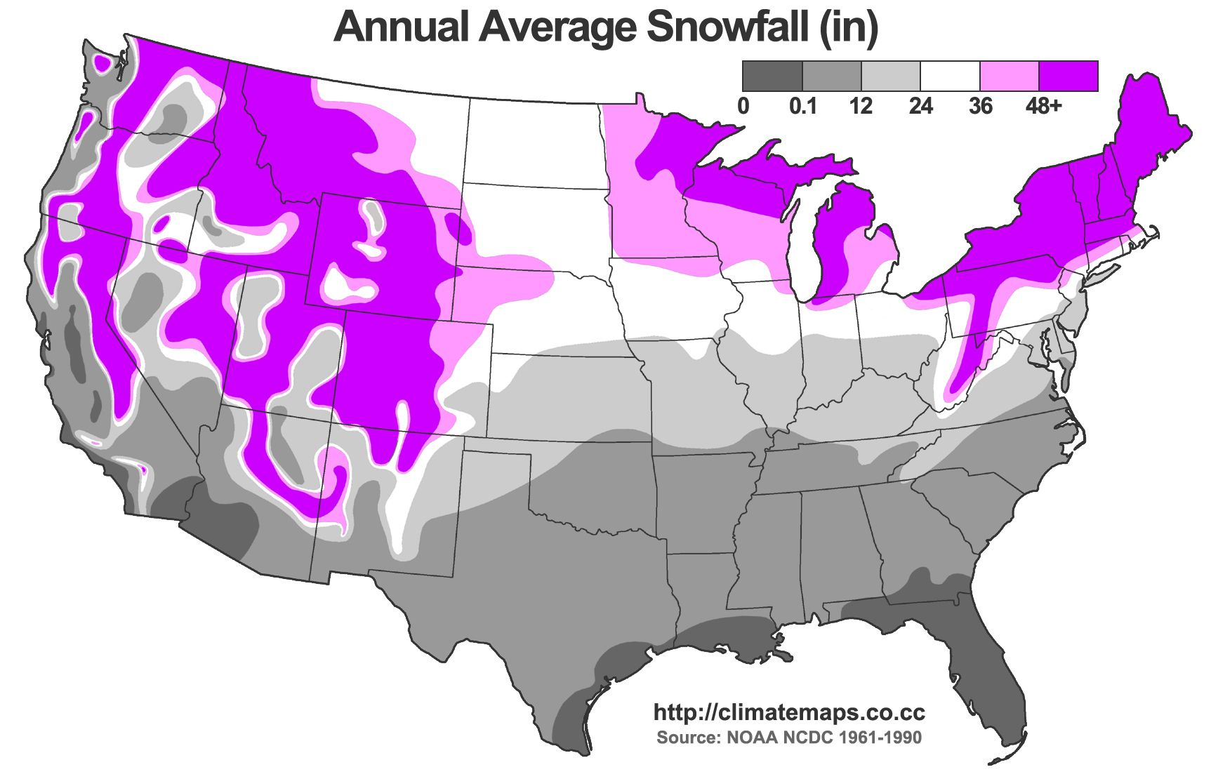 Average Annual Snowfall Map For The United States Of America Inches 
