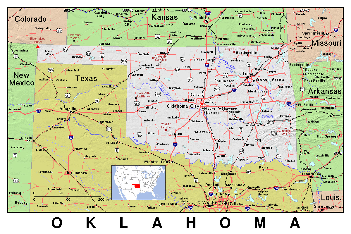 Detailed Map Of Oklahoma State With Relief Vidiani Maps Of All 