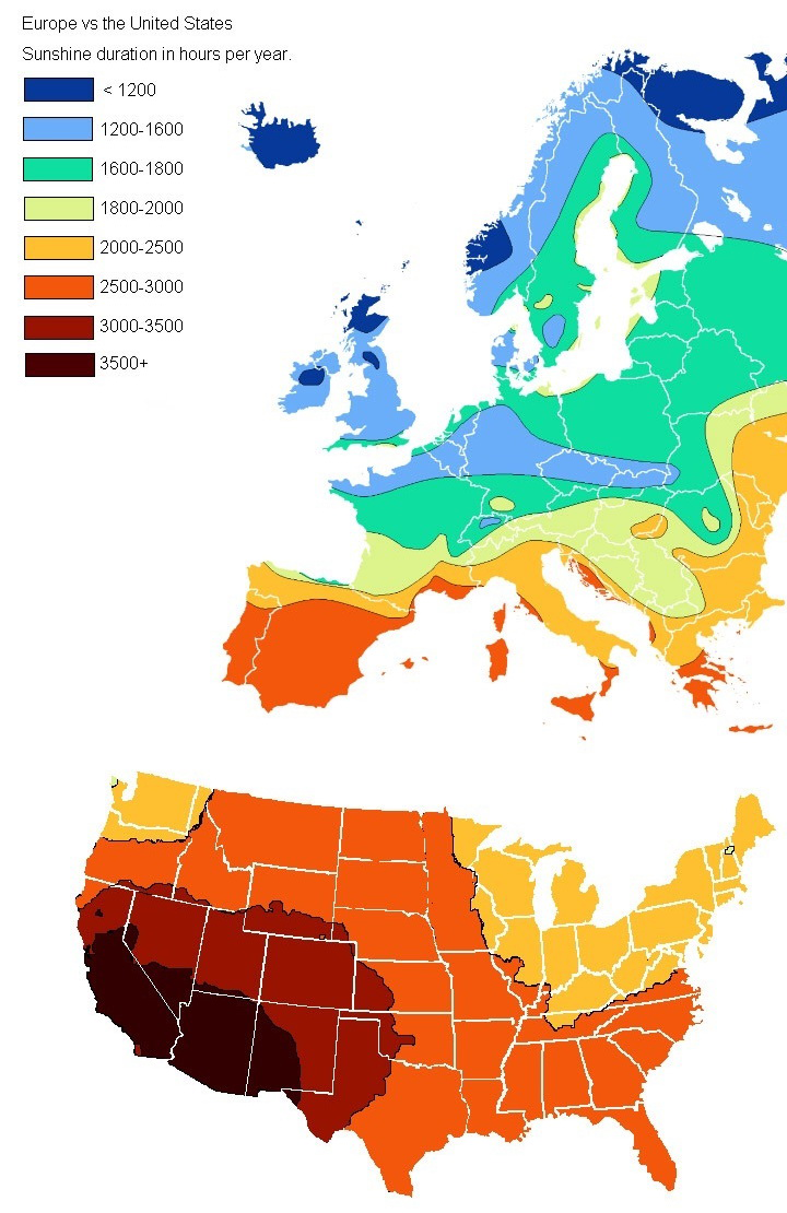 Europe Vs USA The Amount Of Hours Of Sunlight Each Year Vivid Maps