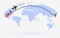Flight From USA To Japan Above World Map Airplane Arrives To Japan