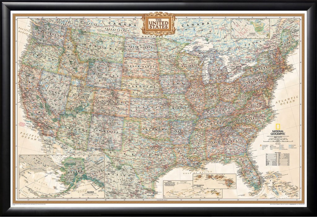 FRAMED National Geographic United States Executive Push Pin Map 24x36 