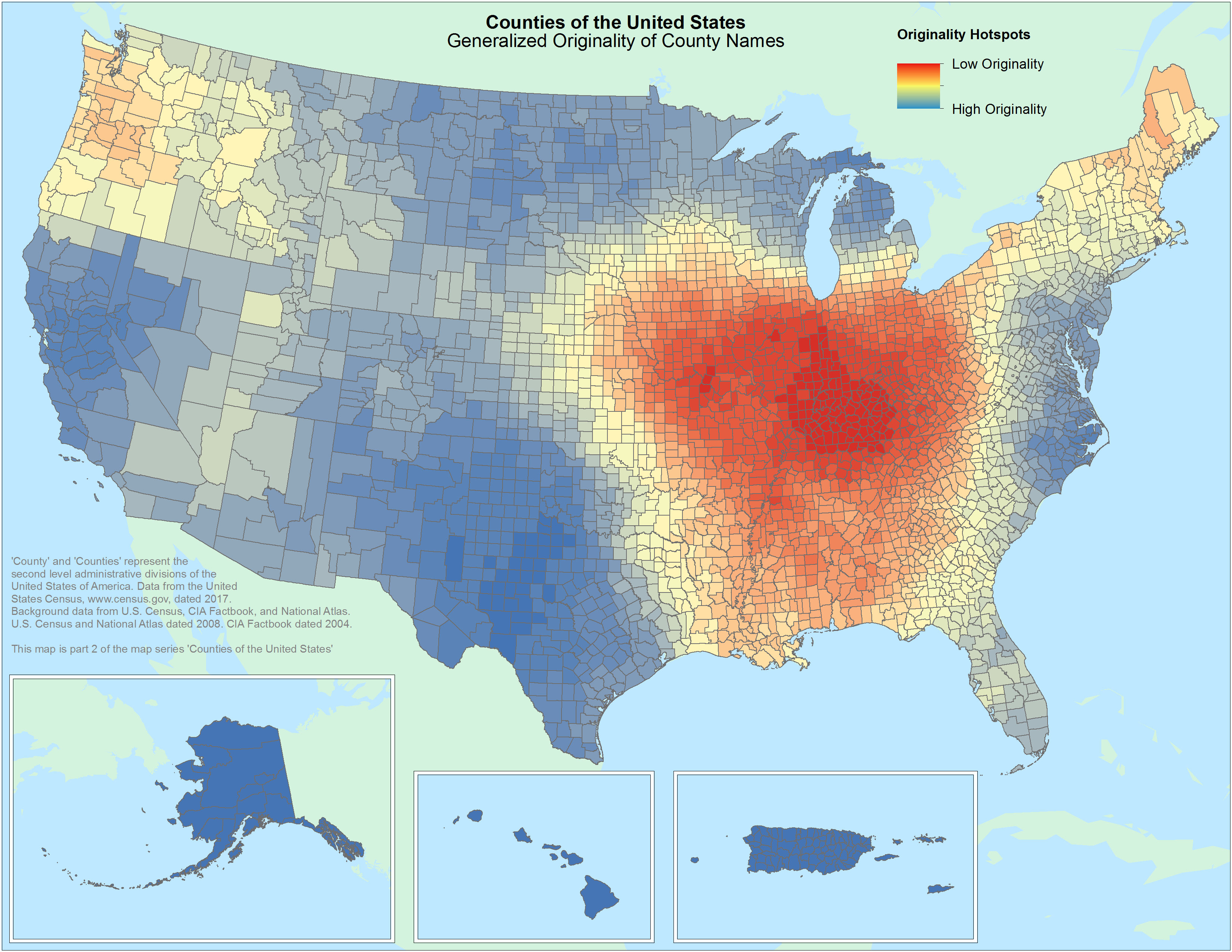 Hotspot Visualization Of Unoriginal County Names In The United States 