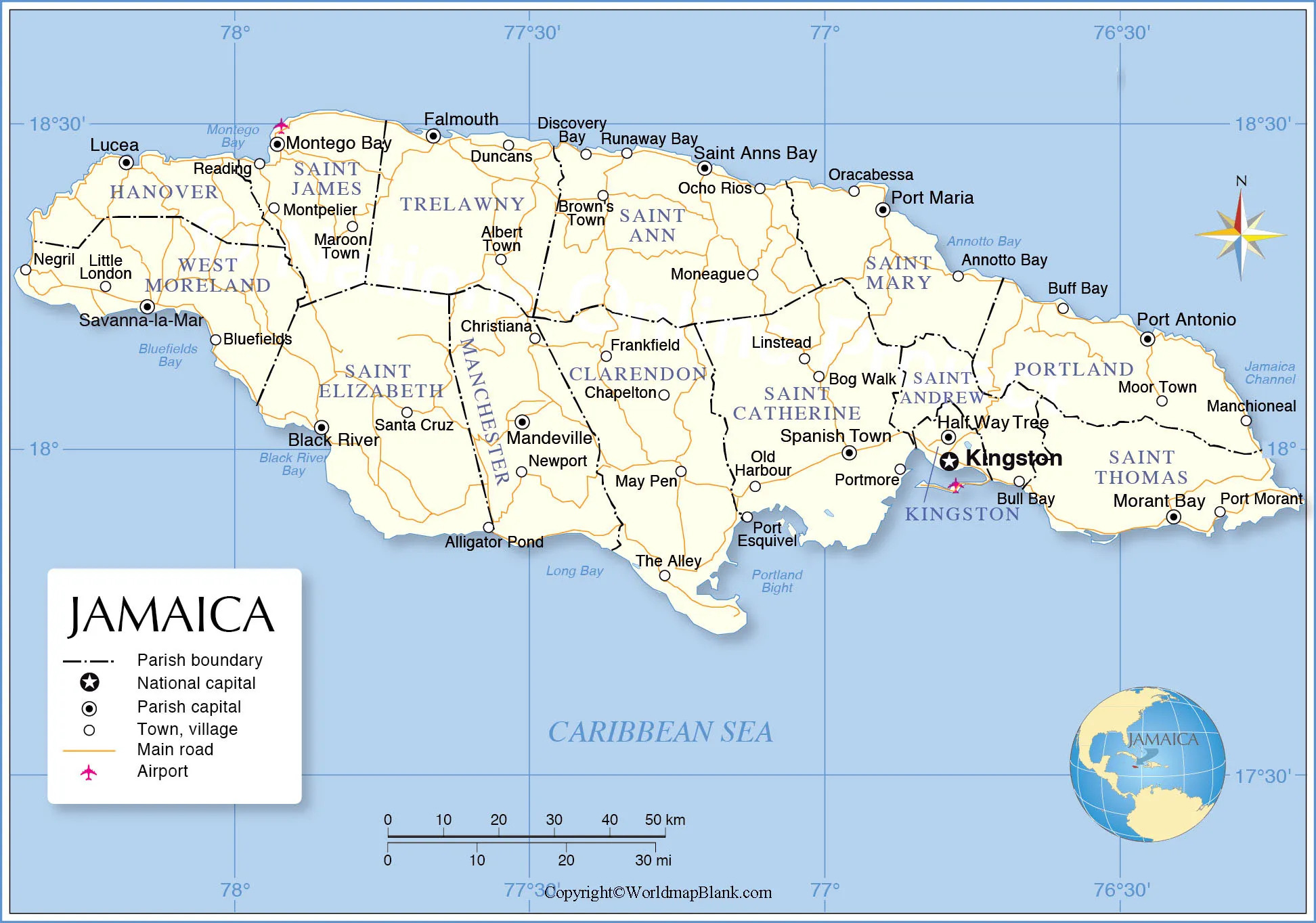 Labeled Map Of Jamaica With States Capital Cities