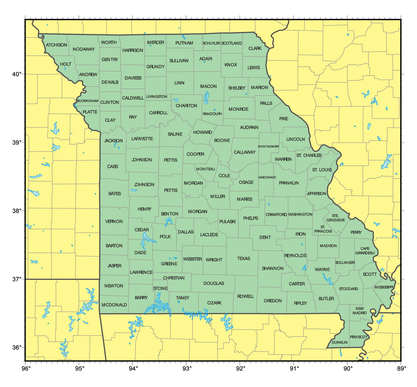 Laminated Map Detailed Administrative Map Of Missouri State Poster 24 