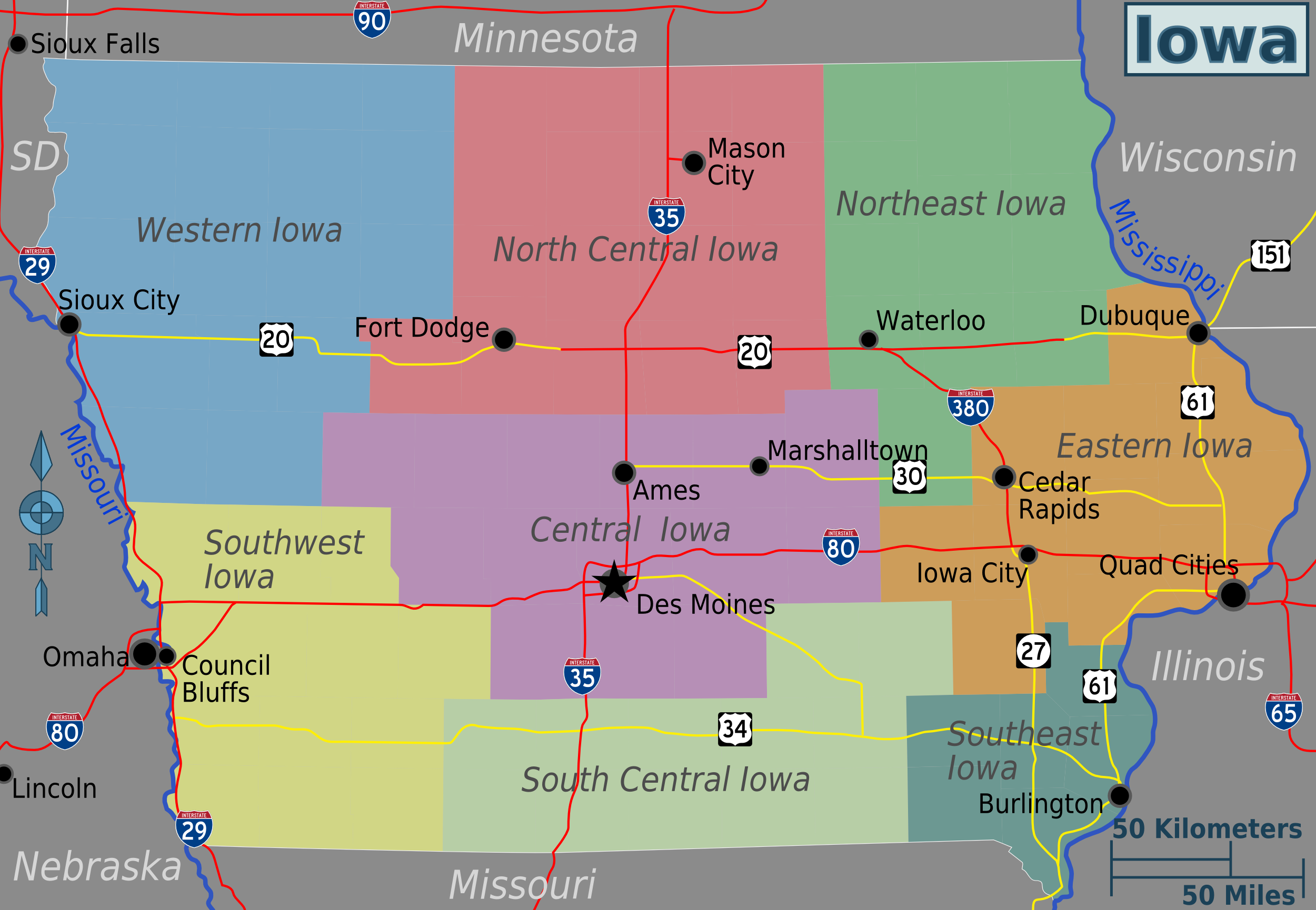 Landkarte Iowa bersichtskarte Regionen Weltkarte Karten Und 