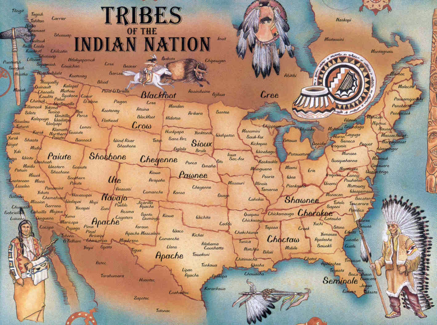 Large Native American Map USA United States Of America North 
