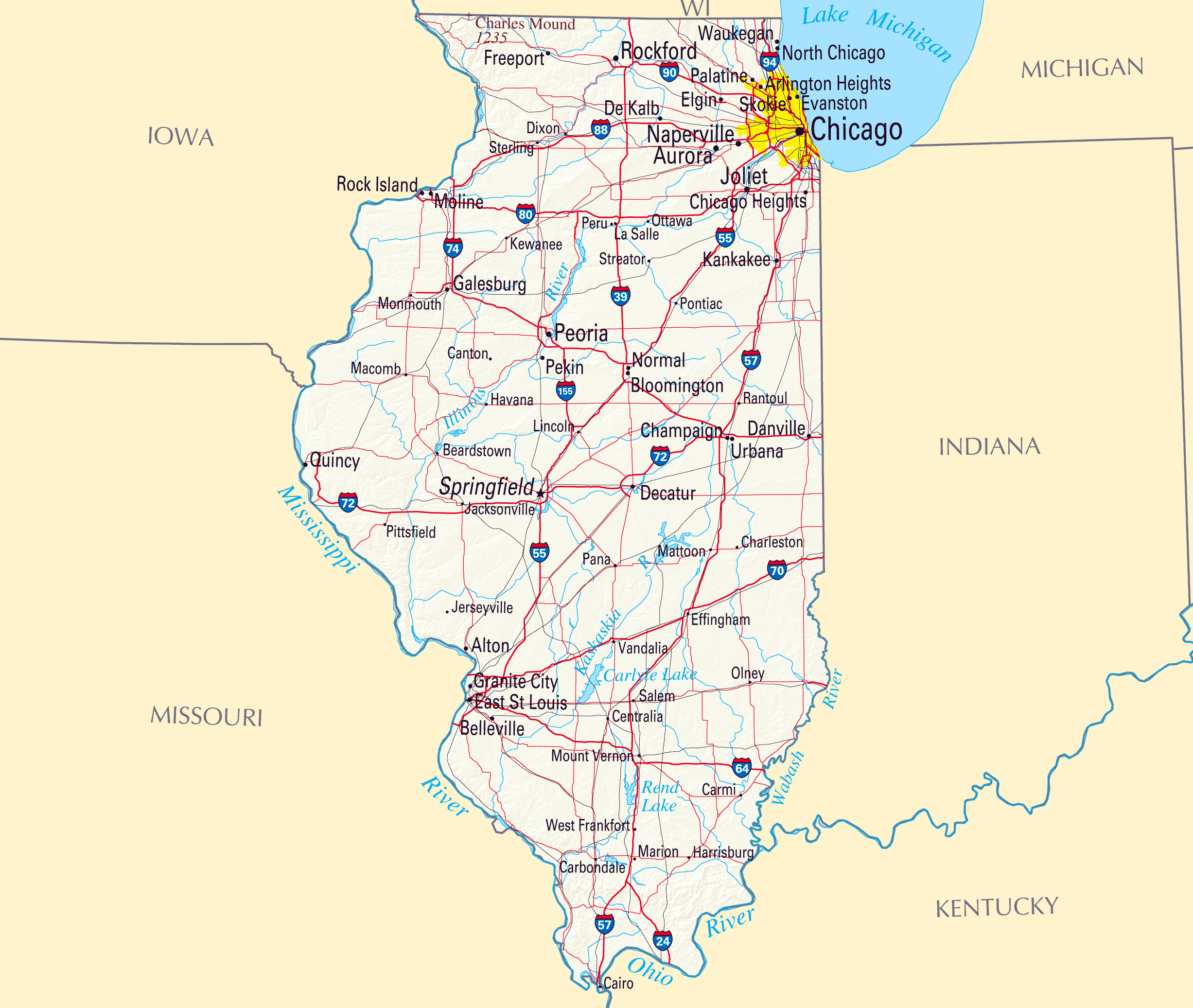 Large Roads And Highways Map Of Illinois With Relief And Major Cities 