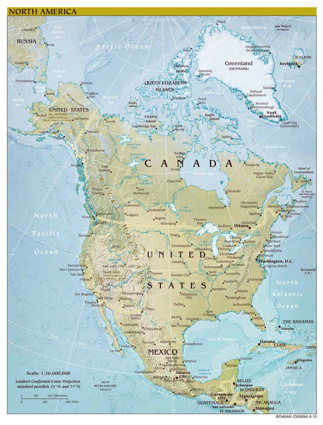 Large Scale Political Map Of North America With Relief Major Cities 