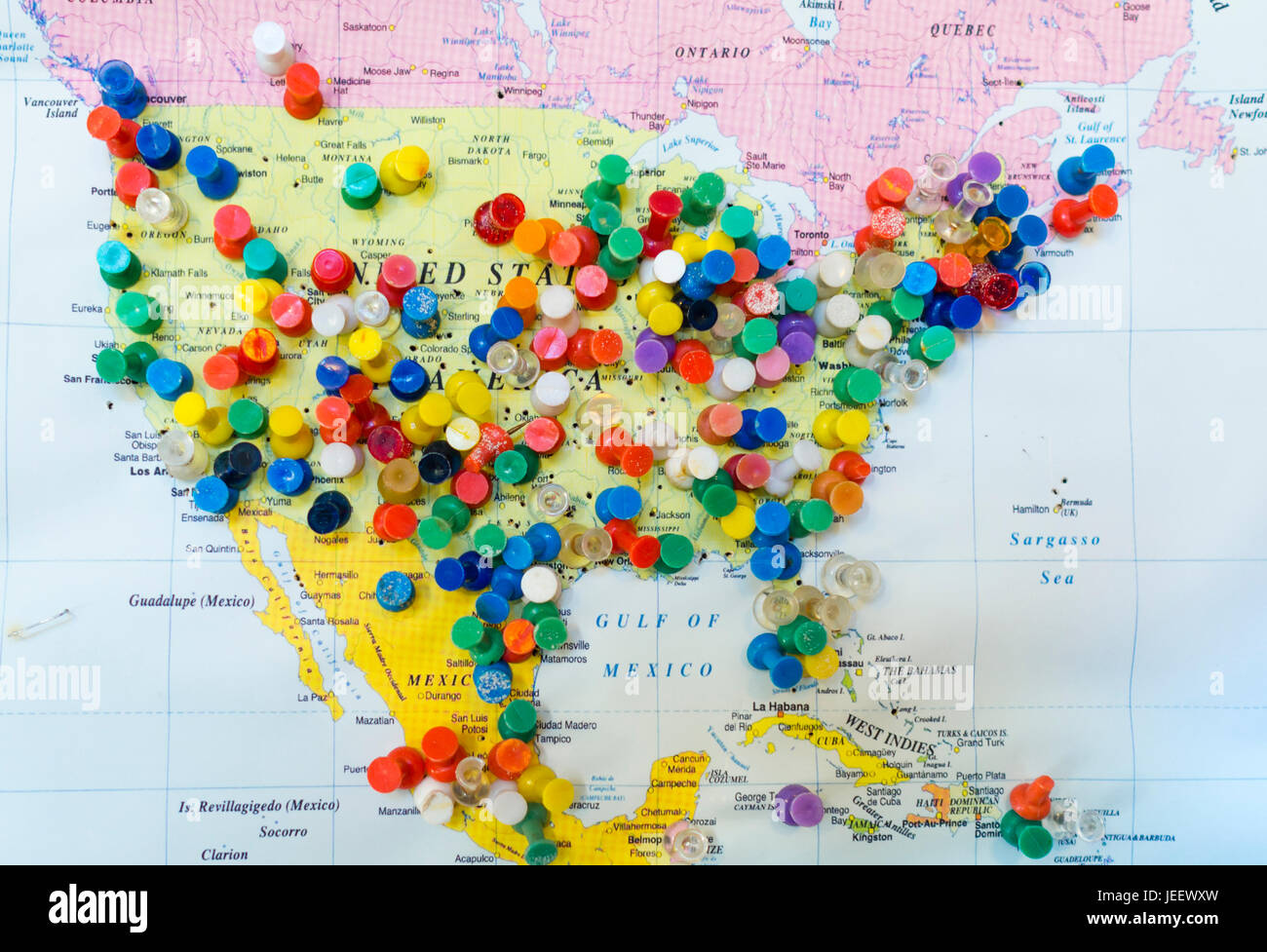 Many Colourful Pins In A Wall Map Of America The Map Is Hanging On 