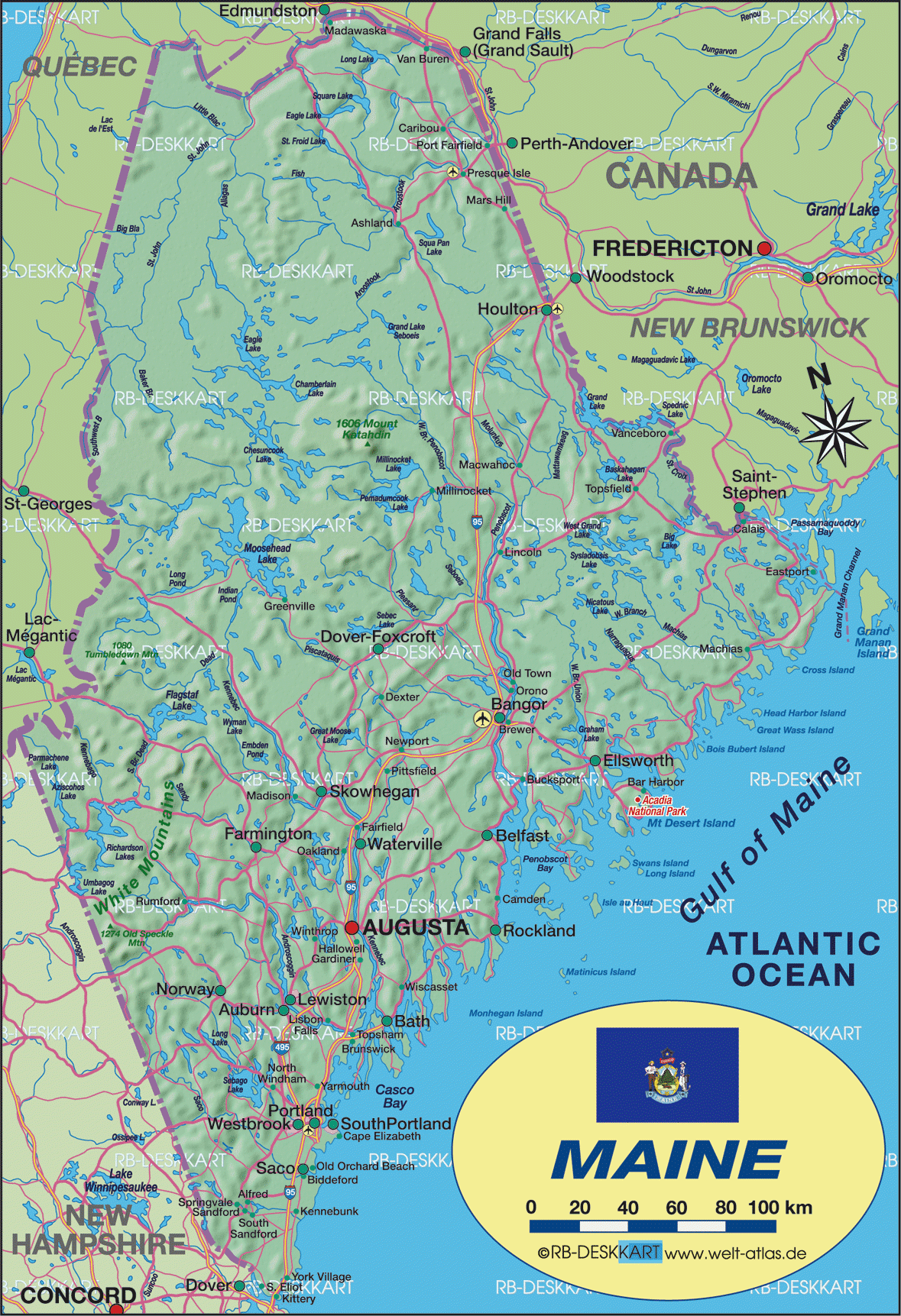 Map Of Maine State Section In United States USA Welt Atlas de