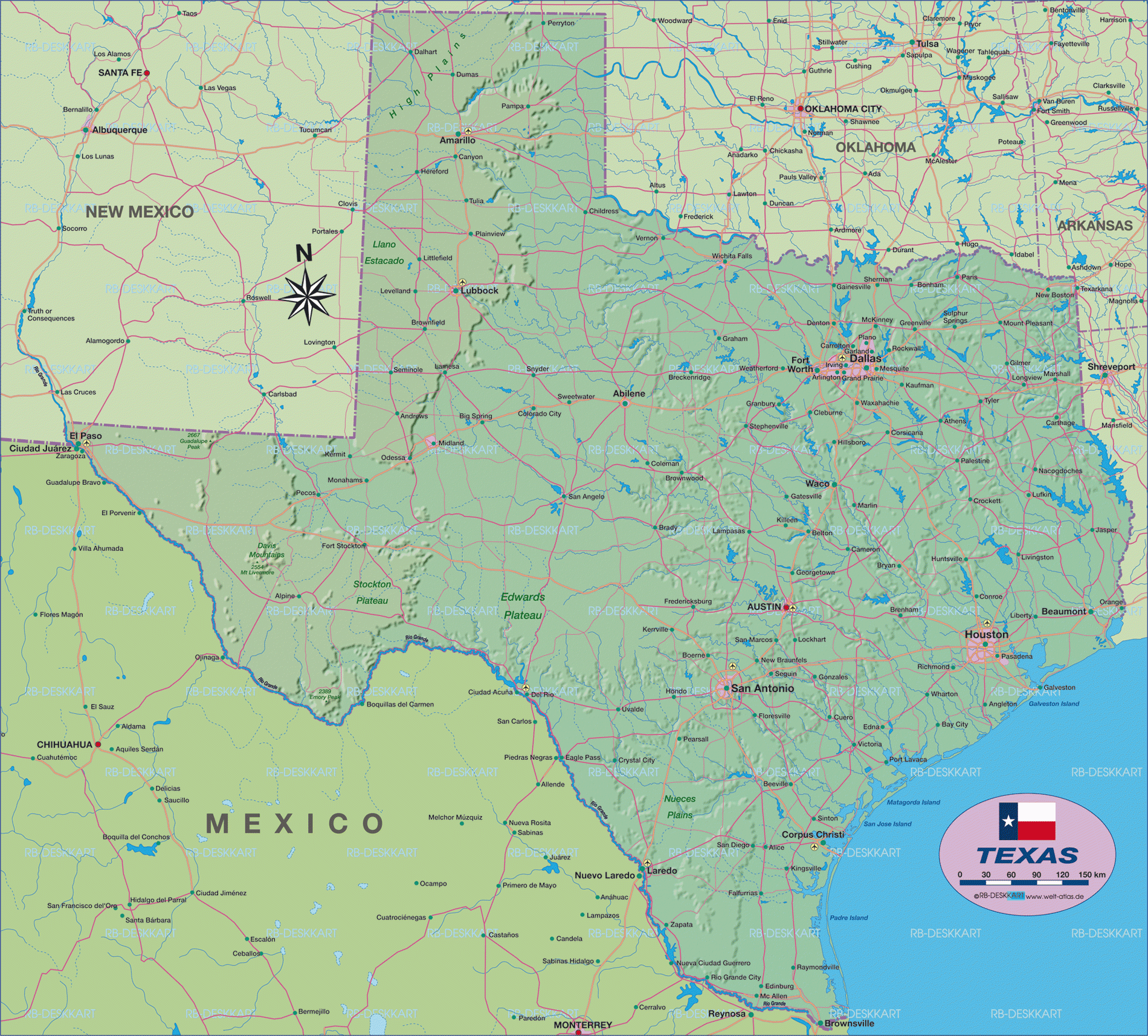Map Of Texas State Section In United States USA Welt Atlas de