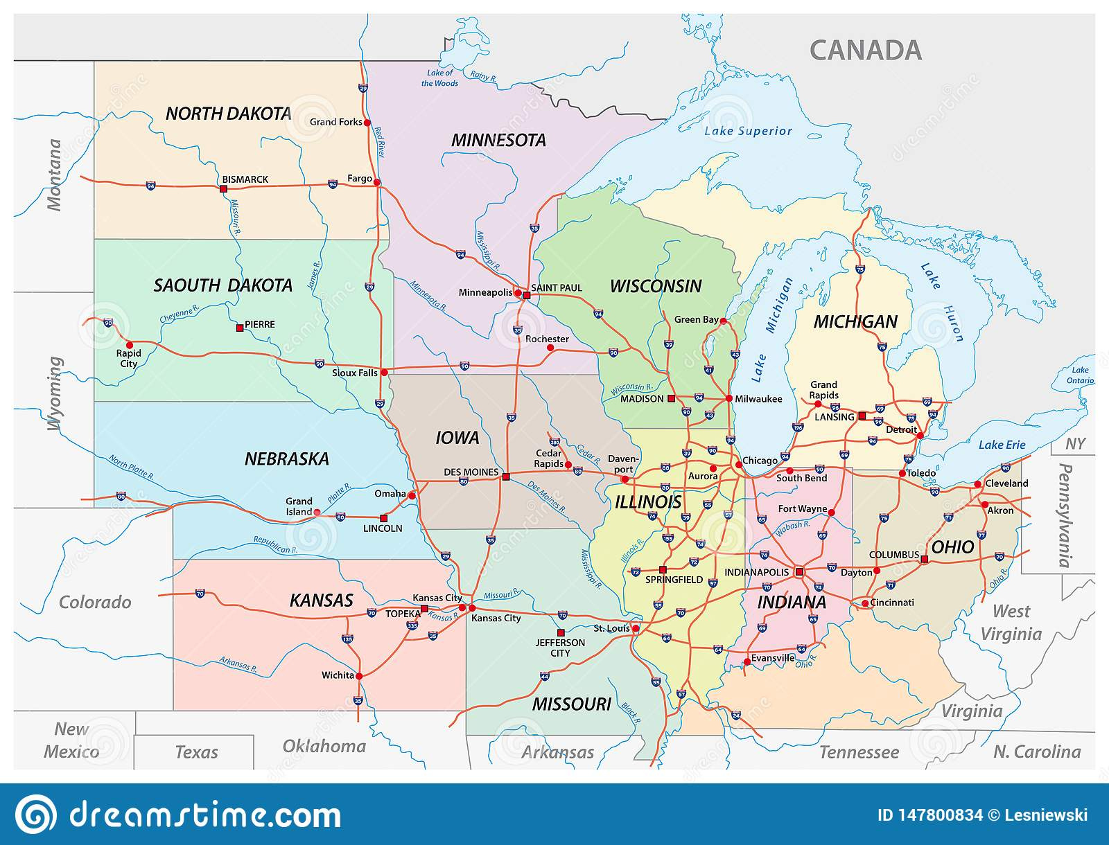 Map Of The Midwest United States Of America Stock Vector Illustration 