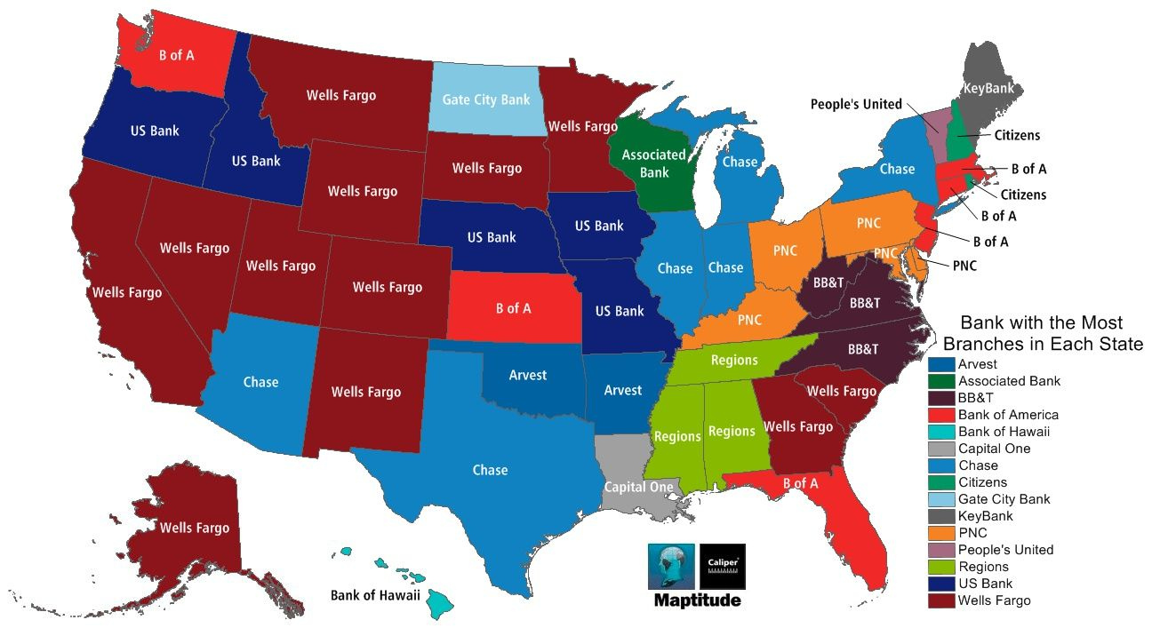 Most Popular Bank In Each State 1296x707 Illustrated Map 