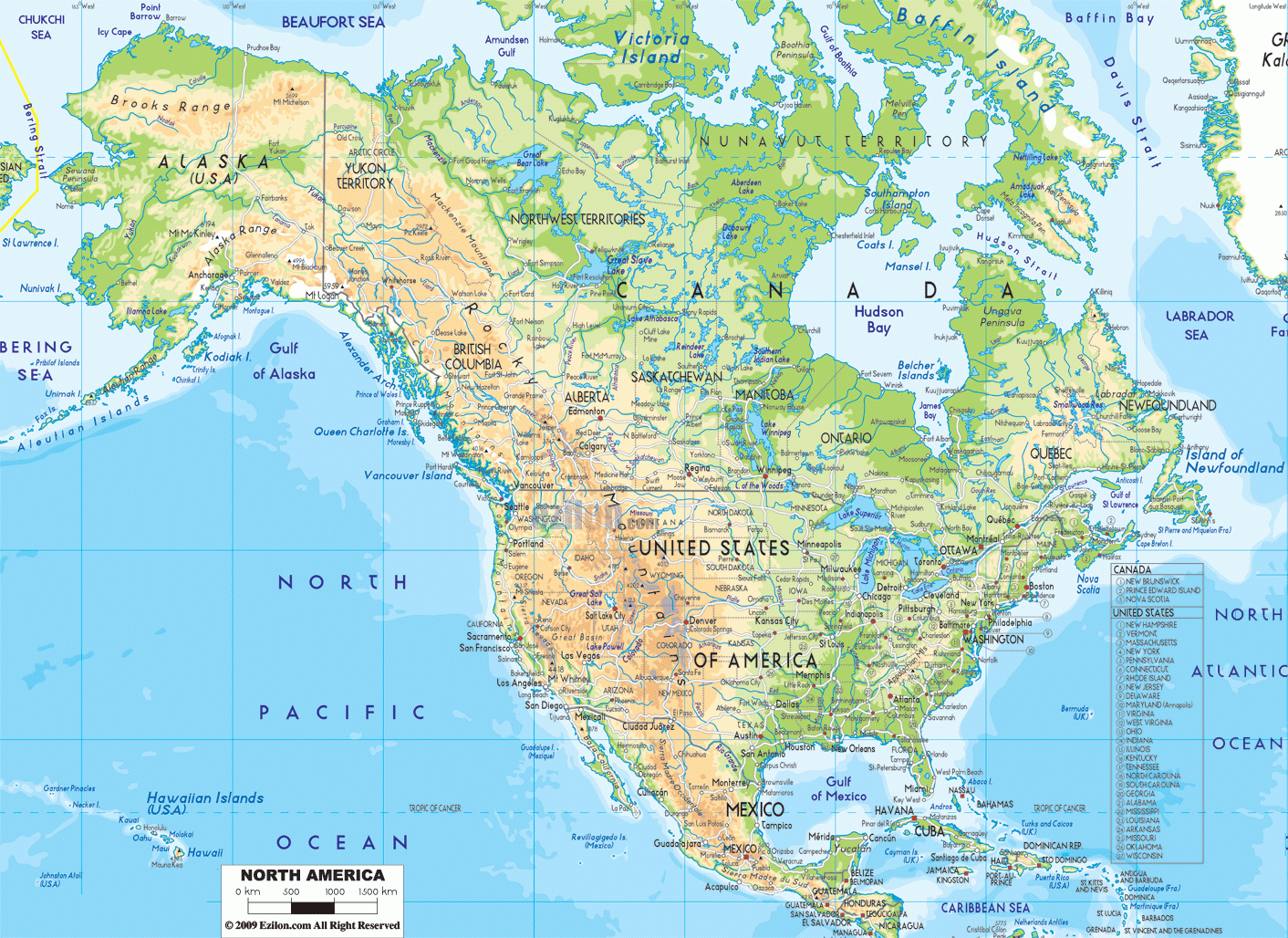 Physical Map Of North America Ezilon Maps